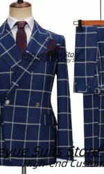 Business Navy Blue Plaid Men Suits Slim Double Breasted Peak Lapel Groom Tuxedos 2 Pcs Sets Office Work Male Blazers Ropa Hombre