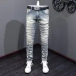 Italian Fashion Men Jeans Light Gray Blue Slim Fit Retro Ripped Jeans Men Vintage Trousers Casual Designer Denim Pants Hombre