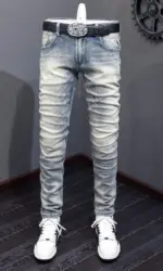 Italian Fashion Men Jeans Light Gray Blue Slim Fit Retro Ripped Jeans Men Vintage Trousers Casual Designer Denim Pants Hombre