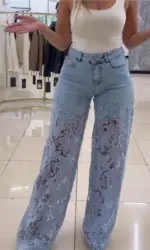 Fashion Elegant Jeans for Women High Waist Lace Patchwork Pantalones Hollow Out Oversized Spring Casual Loose All Match Pants