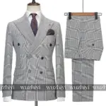 Business Plaid Double Breasted Men Suits 2 Pcs Peak Lapel Coat Pants Formal Wedding Banquet Male Outfit（Jacket+Pants)