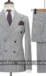 Business Plaid Double Breasted Men Suits 2 Pcs Peak Lapel Coat Pants Formal Wedding Banquet Male Outfit（Jacket+Pants)