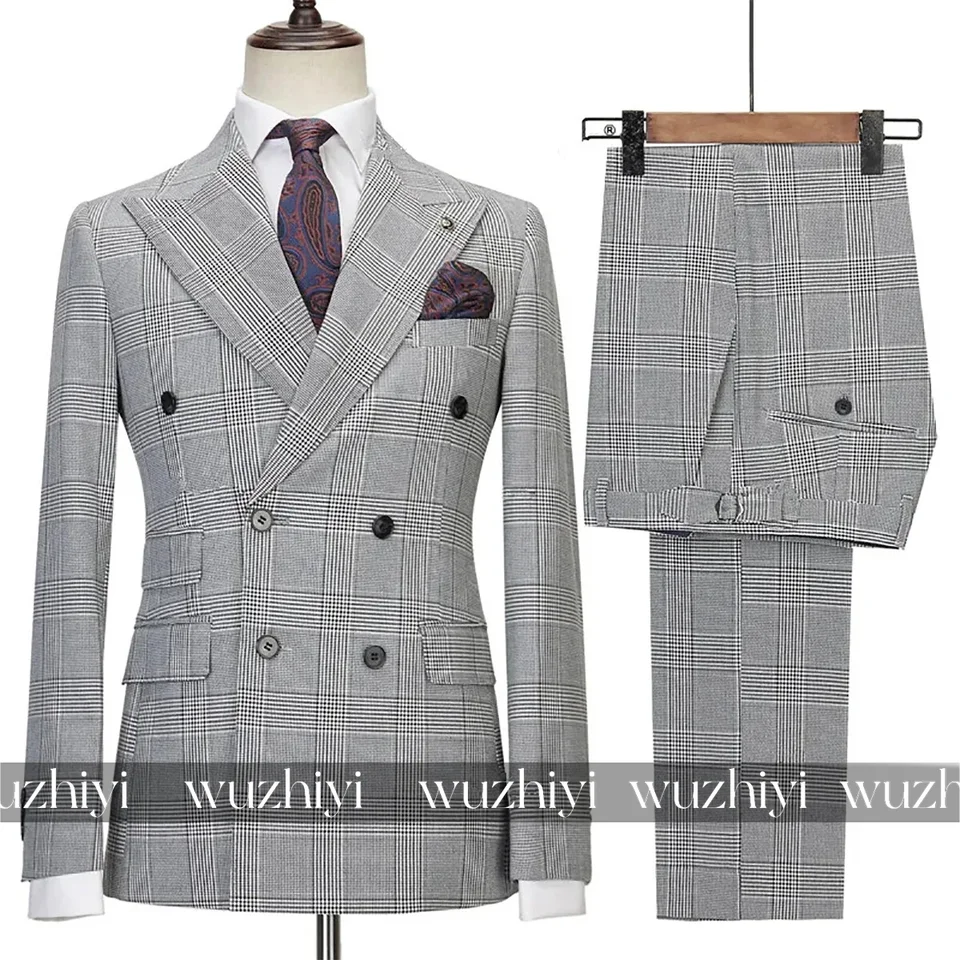 Business Plaid Double Breasted Men Suits 2 Pcs Peak Lapel Coat Pants Formal Wedding Banquet Male Outfit(Jacket+Pants)