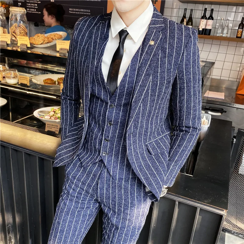 Blazer Vest Pants Stripe Plaid Mens Formal Business Office Suit Groom Wedding Dress Party Stage Host Men Korean Slim Suit Tuxedo - Image 4