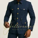 Men's Navy Blue Pinstripe Suit with Military Style Lapel and Four Functional Pockets Gold Buttons Slim Fit Two Piece Formal Wear