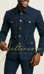 Men's Navy Blue Pinstripe Suit with Military Style Lapel and Four Functional Pockets Gold Buttons Slim Fit Two Piece Formal Wear