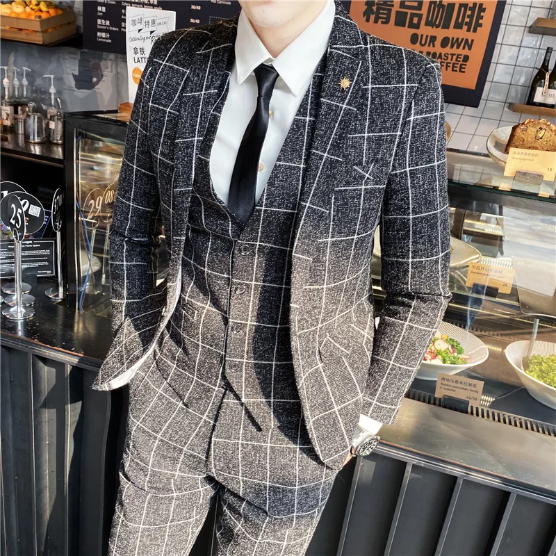 Blazer Vest Pants Stripe Plaid Mens Formal Business Office Suit Groom Wedding Dress Party Stage Host Men Korean Slim Suit Tuxedo - Image 2