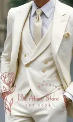 White Jacquard Men's Suit 3 Piece Jacket Vest Pants Formal Elegant Stylish Tailored Set for Wedding Cocktail Dinner Party Tuxedo