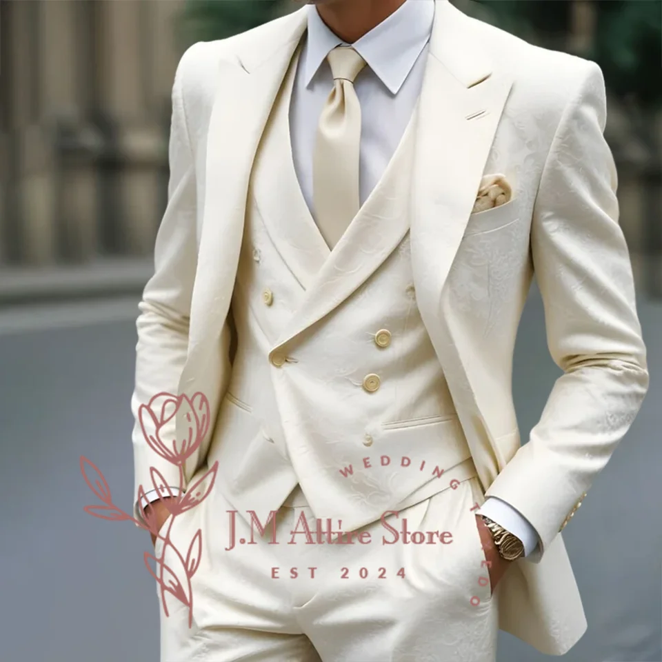 White Jacquard Men's Suit 3 Piece Jacket Vest Pants Formal Elegant Stylish Tailored Set for Wedding Cocktail Dinner Party Tuxedo