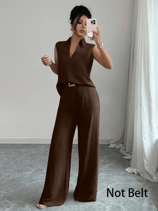 2026 Summer New Sleeveless V-Neck Wide-Leg Pants Set, French-Style High-End Work-Casual Two-Piece Set, Elegant and Slimming Plus-Size Women's Clothing, Suitable for Workplace, Daily Wear, and Vacation Outfits