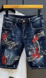 Men's Jeans Summer Dragon Embroidery Denim Shorts Fashion Street Styles Slim Fit Half Length Jean