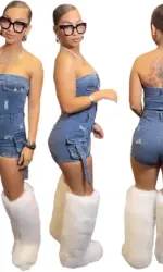 New Arrivals Summer Women Sexy Tube Top Blue Denim Romper Strapless Fashion Wholesale Stretchy Demin Jeans Outfit Woman Jumpsuit