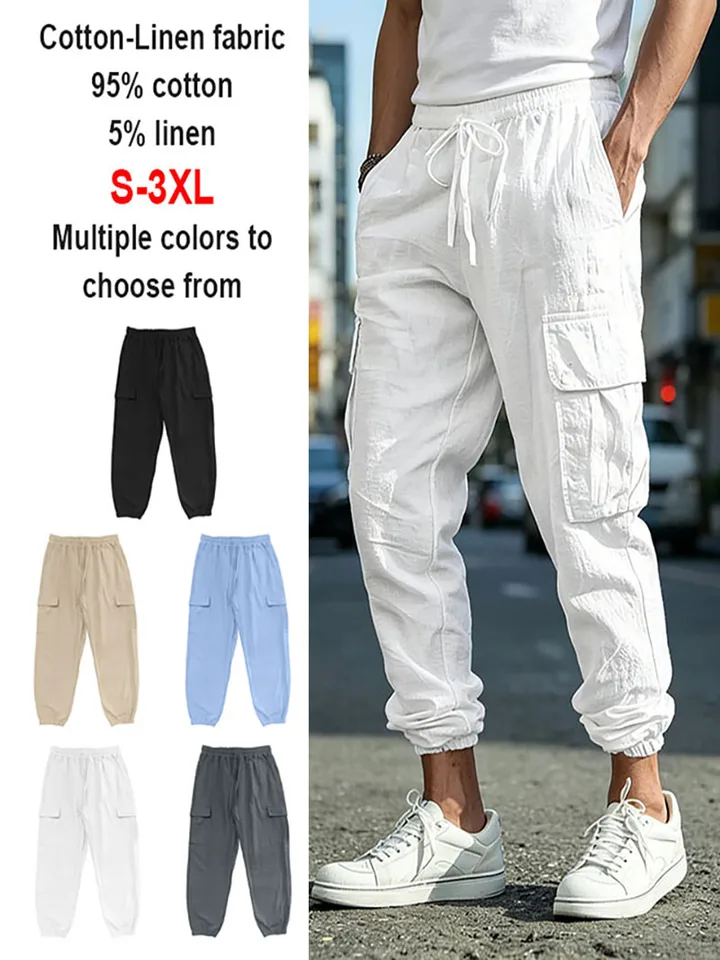 Men's Cotton Linen Cargo Jogger Pants Elastic Waist Drawstring Multi Pockets Casual Breathable Streetwear Trousers for Men - Image 6