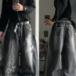 American New Fashion Oversized Pattern Printed Washed Jeans Men Y2K Gothic Rock Popular Casual Joker High Waist Wide Leg Pants