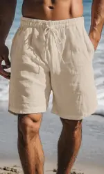 Men Cotton Linen Shorts Summer Lightweight Breathable Casual Beach Style Shorts Basic Solid Color Sweatpants Elastic Waist