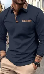 New  men's casual spring and fall fashion plaid lapel long sleeve pocket comfortable party outdoor top polo shirt