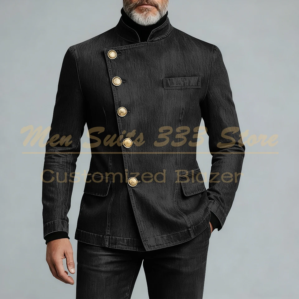 Luxury Demin Men's Suits Fashion Single Breasted Stand Lapel Slim Fit 2 Piece Jacket Pants Sets High Quality Male Clothing - Image 2