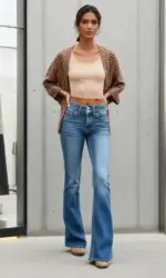 Trendy Y2k Jeans for Woman Double Button Blue Stretch Low Rise Flared Denim Pants Vintage Style Fashion Must Have