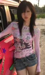 Karrram Japanese Y2k Anime Print Mesh Tops 2000s Aesthetics Pink Sheer Top Vintage Harajuku Kawaii See Through T-shirt Lolita