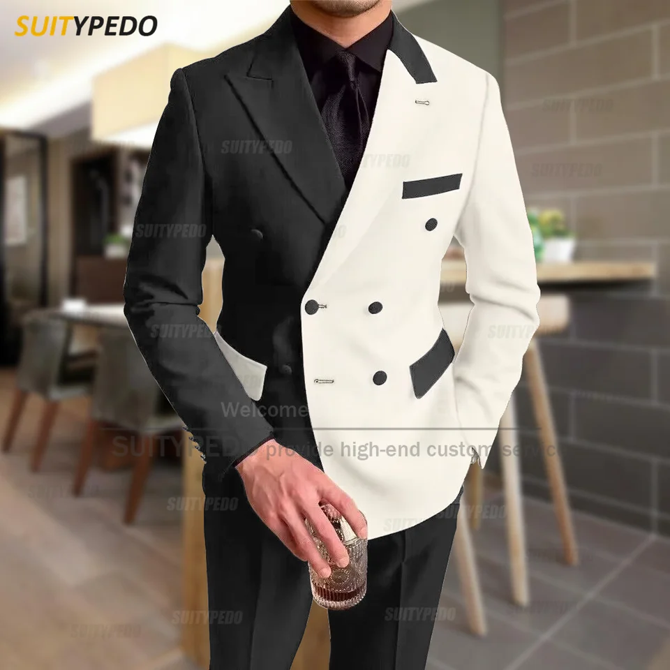 Fashion Black Ivory Splicing Men Suit Casual Party Classic Double Breasted Jacket Evening Dinner Elegant Blazer Pants Outfits - Image 5
