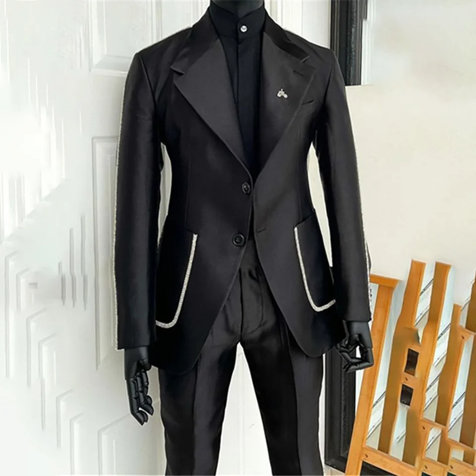 Black Men's 2 Piecs Suits Blazer Pants Single Breasted Daily Work Business Casual Party Suit Set Traje De Hombre Elegante