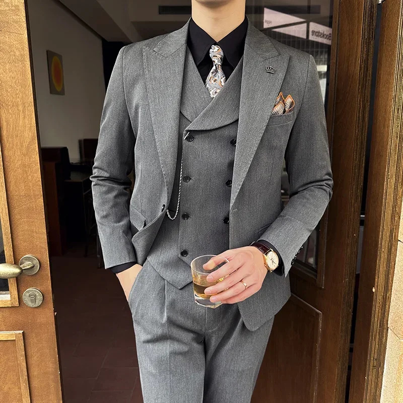 (Jackets+Pants+Vest) High Quality Men Slim Fit Party Tuxedos 3 Pieces Fashion Double Breasted Vest Design Wedding Social Suit - Image 2
