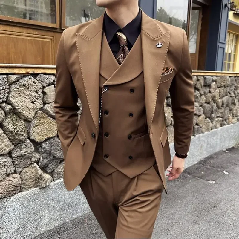 (Jackets+Pants+Vest) High Quality Men Slim Fit Party Tuxedos 3 Pieces Fashion Double Breasted Vest Design Wedding Social Suit - Image 6