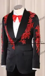 Red Beaded Stone Suits Men Luxury Single Breasted Prom Blazer Customized 2-Piece Man Formal Occasion Dresses Groom Wedding Tuxe