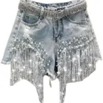 Summer Elegant Shorts Lady Tassel Beading High Waist Wide Leg Denim Shorts Female Casual Solid Shorts Jeans for Women Clothing