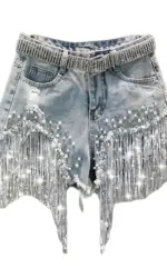 Summer Elegant Shorts Lady Tassel Beading High Waist Wide Leg Denim Shorts Female Casual Solid Shorts Jeans for Women Clothing