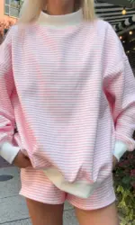 Striped Sweatshirt Sets for Women 2 Piece Shorts Outfits Y2k Long Sleeve High Neck Pullover and Shorts Lounge Fall Tracksuit