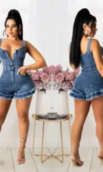 Women Denim Rompers Shorts Jeans Overalls High Waist Spliced Washed Jean Tassel Pockets One Piece Casual Skinny Solid 2025