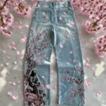 Vintage Cherry Blossom Black Knight Embroidery Jeans Y2k Retro Baggy Straight Denim Pants Blue Wash Jean Men Clothing Streetwear