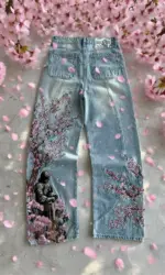 Vintage Cherry Blossom Black Knight Embroidery Jeans Y2k Retro Baggy Straight Denim Pants Blue Wash Jean Men Clothing Streetwear