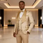 Champagne Jacquard 3-Piece Men's Formal Smoking Suit with Shaw Lapel Blazer Set for Groom Wedding Best Man Tuxedos for Party