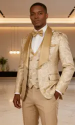 Champagne Jacquard 3-Piece Men's Formal Smoking Suit with Shaw Lapel Blazer Set for Groom Wedding Best Man Tuxedos for Party