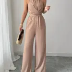Women's Spring/Summer Casual Pleated Fabric Halterneck Beaded Waist Button and Tie Design Maxi Jumpsuit