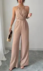 Women's Spring/Summer Casual Pleated Fabric Halterneck Beaded Waist Button and Tie Design Maxi Jumpsuit