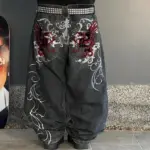 Streetwear Y2K Gothic Denim Trousers Harajuku Punk Dinosaur Embroidery Washed Jeans Hip Hop Wide Leg Oversized Jeans Mens Womens