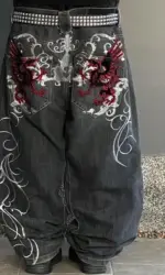Streetwear Y2K Gothic Denim Trousers Harajuku Punk Dinosaur Embroidery Washed Jeans Hip Hop Wide Leg Oversized Jeans Mens Womens