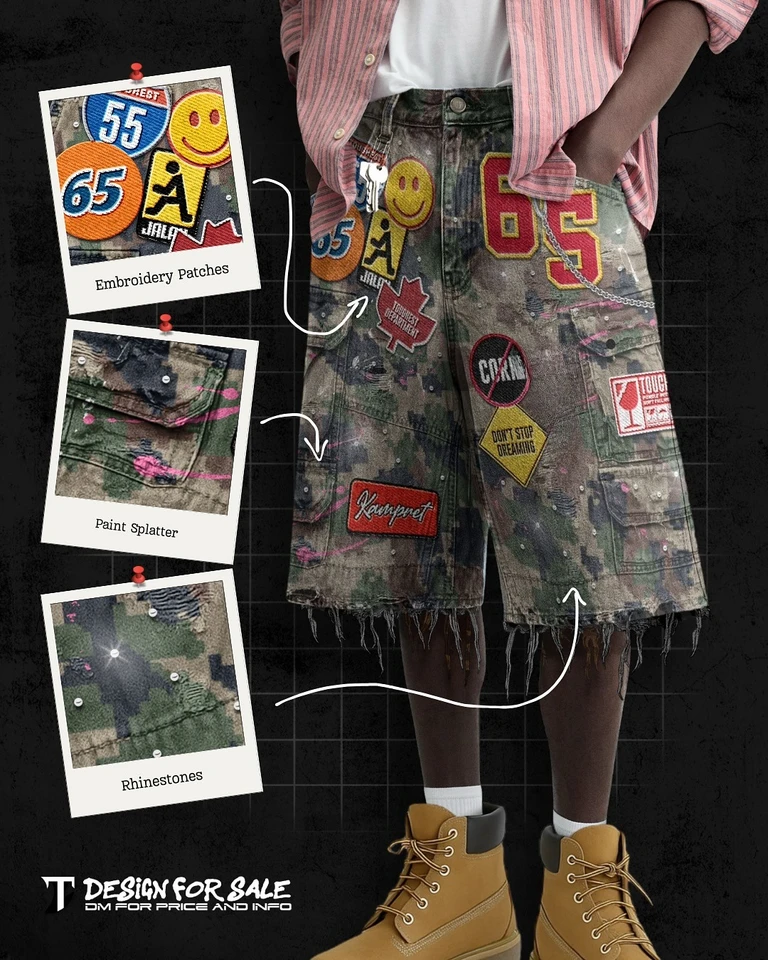 Retro Blue Streetwear Patchwork Denim Short Y2K Jeans Men Women Hip Hop Cartoon Graphics Loose Camo Denim Fitness Casual Shorts - Image 2