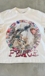 Peace in The Retro War Pattern Print Summer New Men and Women Pure Cotton Retro Fashion Streetwear