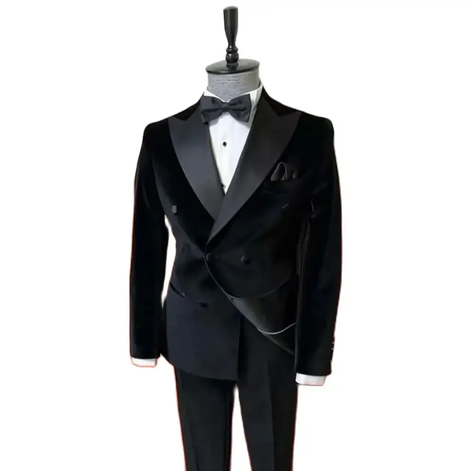 Black Velvet Suits for Men Peak Lapel Formal Wedding Groomsmen 2 Piece Jacket Pants Male Clothing Luxury Costume Homme Terno - Image 2