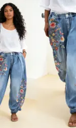 Women Denim Jeans Bloomers 2026 Streetwear Print Pants Washed Distressed Elastic Waist Button Vintage Ankle Length Trousers