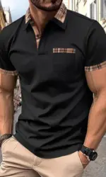 The 2025 Summer New Men's Sporty casual comfortable top is a solid-color patchwork short-sleeved POLO shirt with false pockets