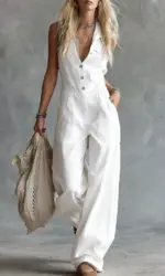 2026 New European and American Casual Fashion Western Style V-Neck Buttonless Sleeveless Linen One-Piece Skirt