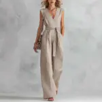 Women Sleeveless V Neck Jumpsuit High Waist Wide Leg Belted Casual Loose Romper With Pockets For Summer Vacation Office Wear