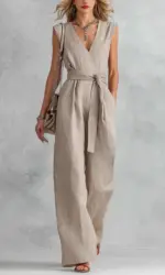Women Sleeveless V Neck Jumpsuit High Waist Wide Leg Belted Casual Loose Romper With Pockets For Summer Vacation Office Wear