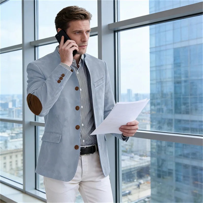 Men's Casual Blazer Flannel Suit Jacket With Elbow Patches Band Collar Brown Button Daily Casual Slim Fit Customized Business