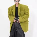 Mauroicardi Spring Autumn Oversized Casual Stylish Black Woolen Blazers for Men Shoulder Pads Long Sleeve Loose Korean Fashion